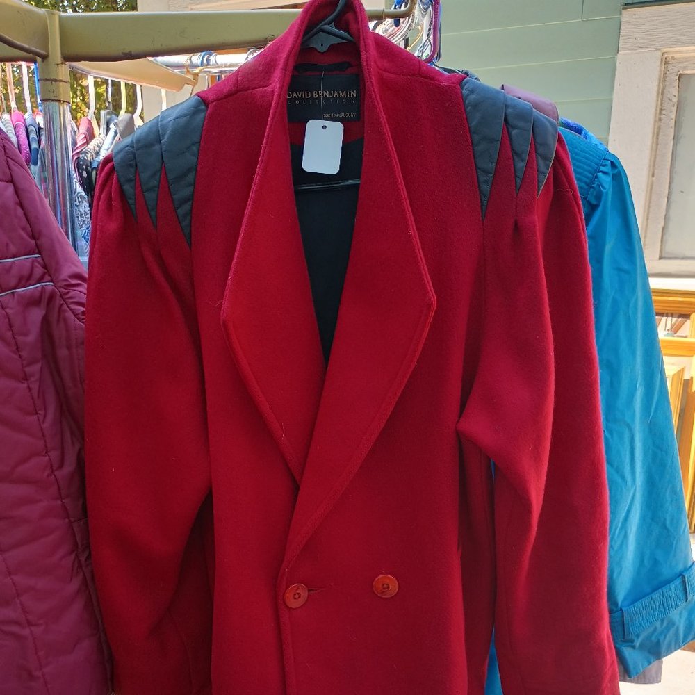 Vintage Red Wool Peacoat, with Black Leather Accents, size 8